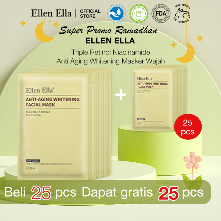 ELLEN ELLA Triple Retinol Niacinamide Anti Aging Whitening Masker Wajah - Meringankan kerutan, memecah melanin - Tiba dalam 1-4 hari - Beli 25 pcs dapat gratis 25 pcs
